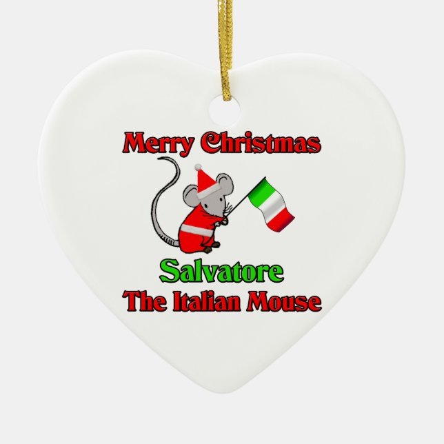 Merry Christmas Salvatore The Italian Mouse Ceramic Tree Decoration (Front)