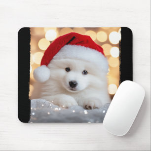 Merry Christmas Samoyed Puppy Dog with Santa Hat Mouse Mat