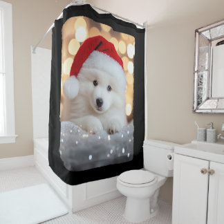 Merry Christmas Samoyed Puppy Dog with Santa Hat Shower Curtain
