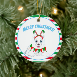 Merry Christmas Samoyed with Elf Headband Ceramic Tree Decoration