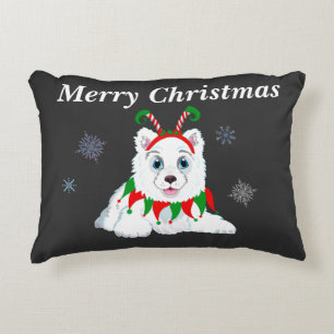 Merry Christmas Samoyed With Elf Headband  Decorative Cushion