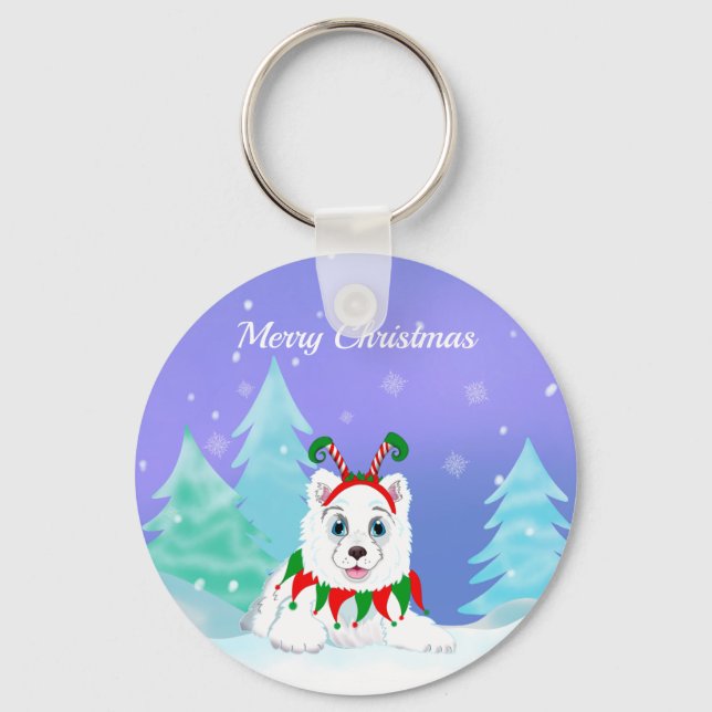 Merry Christmas Samoyed With Elf Headband  Key Ring (Front)