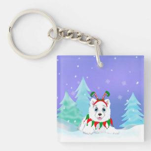 Merry Christmas Samoyed With Elf Headband Key Ring