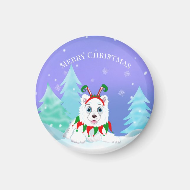 Merry Christmas Samoyed With Elf Headband  Magnet (Front)