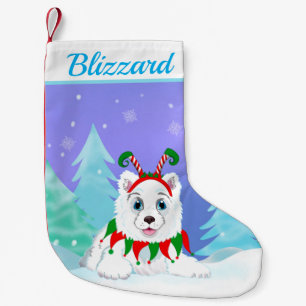 Merry Christmas Samoyed With Elf Headband Name Small Christmas Stocking