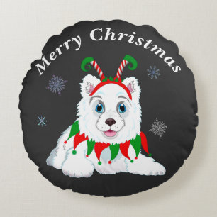 Merry Christmas Samoyed With Elf Headband Round Cushion