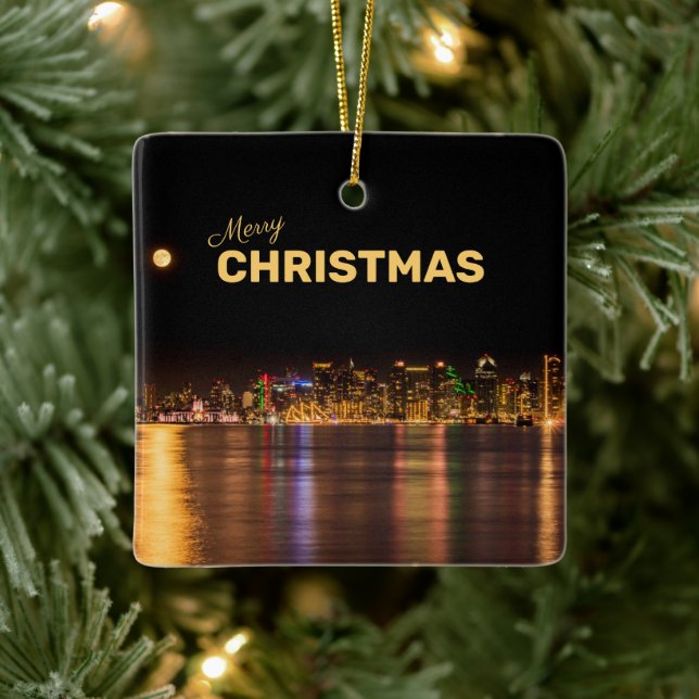 Merry Christmas San Diego Skyline City Black Gold Ceramic Ornament (Tree)