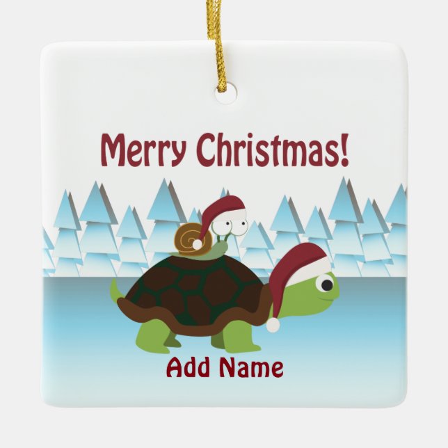 Merry Christmas! San Turtle and  Santa Snail Ceramic Ornament (Front)