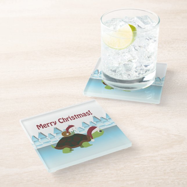 Merry Christmas! San Turtle and  Santa Snail Glass Coaster (Angled)