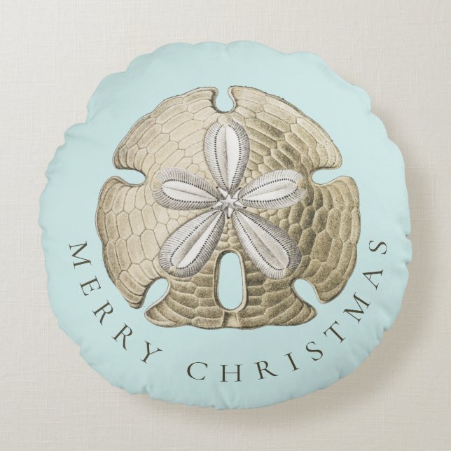 Merry Christmas Sand Dollar Turquoise Coastal Round Cushion (Front)
