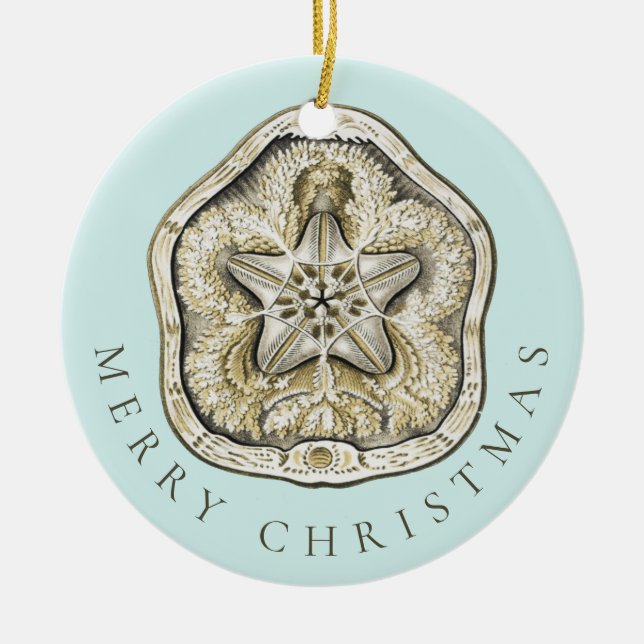 Merry Christmas Sand Dollar Turquoise Pattern Ceramic Tree Decoration (Front)