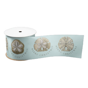 Merry Christmas Sand Dollar Turquoise Pattern  Satin Ribbon