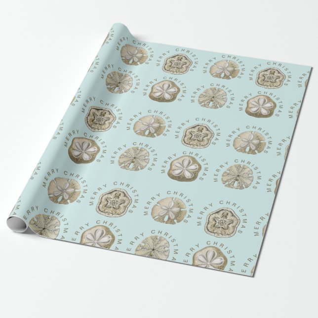Merry Christmas Sand Dollar Turquoise Pattern  Wrapping Paper (Unrolled)