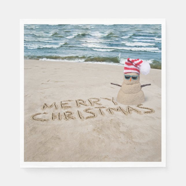 Merry Christmas Sandman On Beach Napkin (Front)