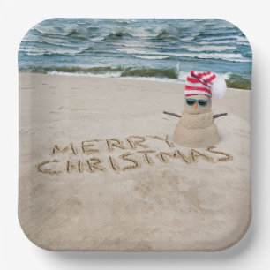 Merry Christmas Sandman On Beach Paper Plate