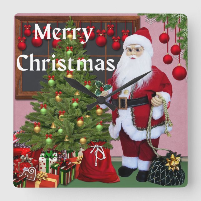 Merry Christmas Santa And Christmas Tree      Square Wall Clock (Front)