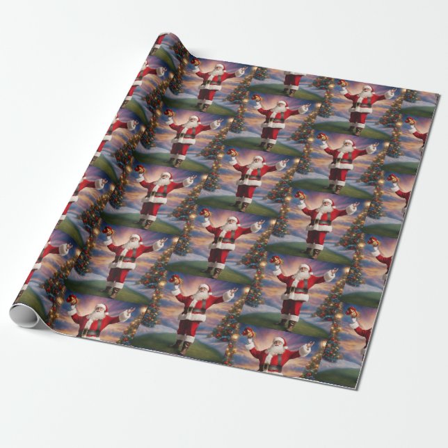 Merry Christmas Santa and Christmas Trees  Wrapping Paper (Unrolled)