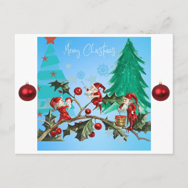 Merry Christmas Santa and Elves Holiday Postcard (Front)