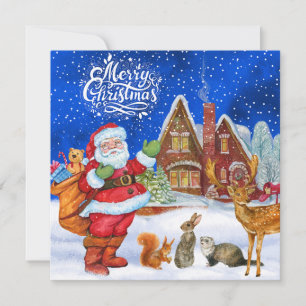 Merry Christmas Santa and Forest Animals  Holiday Card