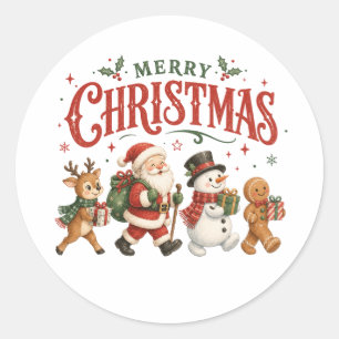 Merry Christmas Santa and Friends Classic Round Sticker