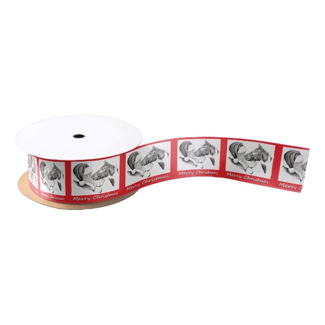 Merry Christmas Santa  and Horse Satin Ribbon (Spool)