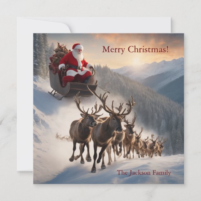 Merry Christmas Santa and Reindeer  Holiday Card (Front)