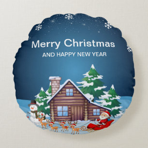 Merry christmas - santa and reindeer round cushion