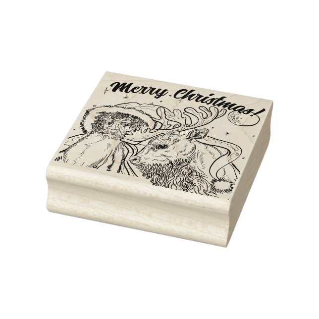 Merry Christmas Santa and Reindeer Rubber Stamp (Stamp)