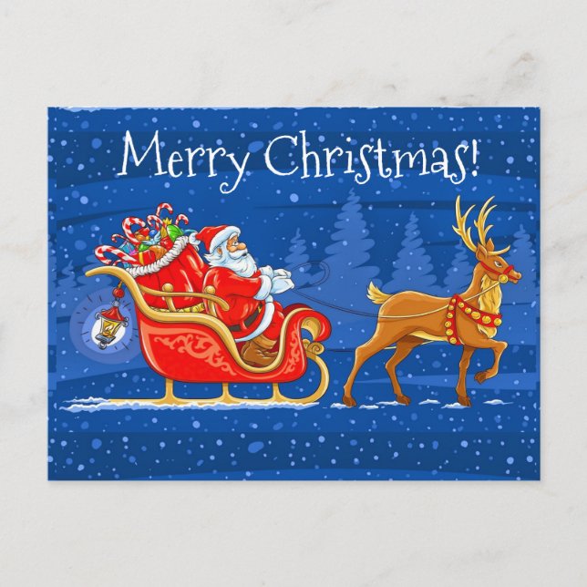 Merry Christmas Santa and Sleigh with Reindeer Holiday Postcard (Front)