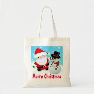Merry Christmas, Santa and Snowman Tote Bag