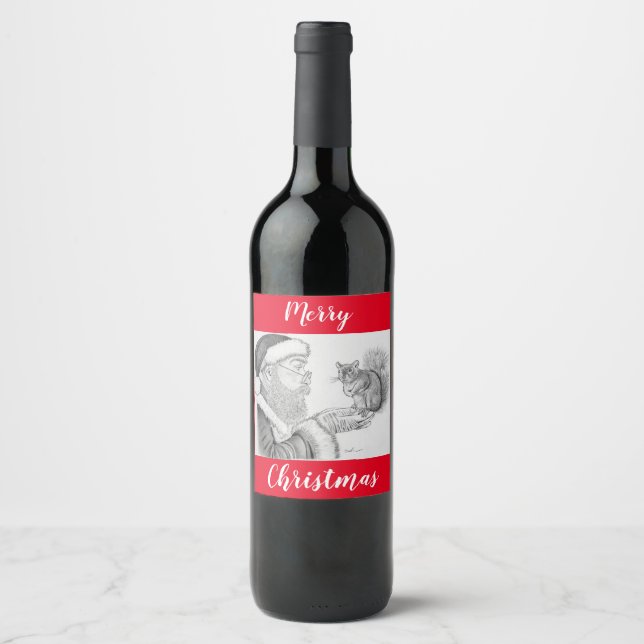 Merry Christmas Santa and Squirrel Wine Label (Front)