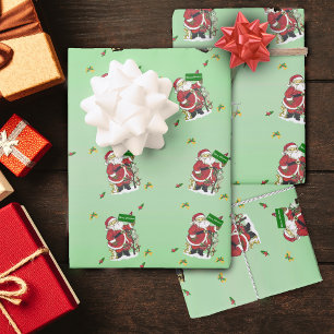 Merry Christmas Santa Animals Tree Bows Green Wrapping Paper Sheet