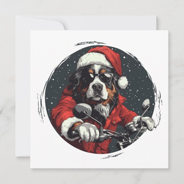 Merry Christmas Santa Bernese Mountain Dog Biking Holiday Card (Front)
