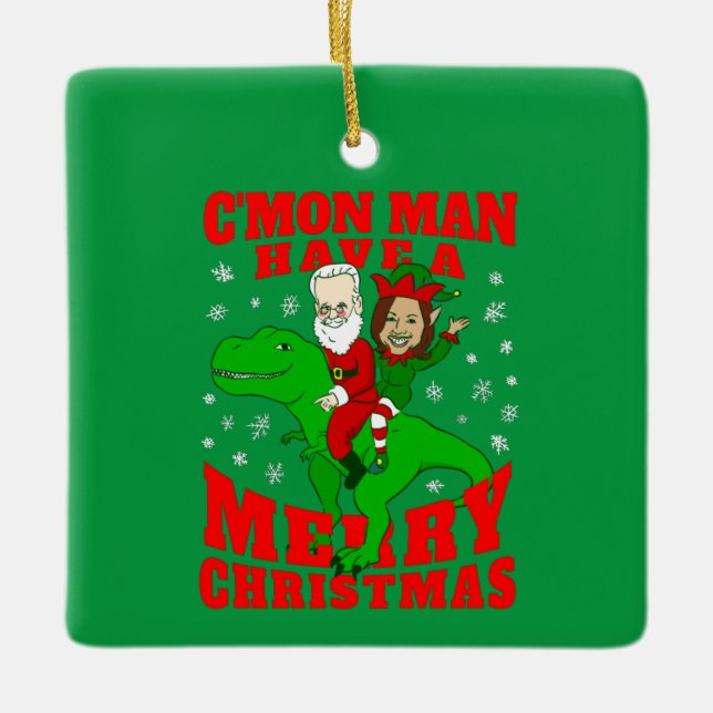 merry christmas santa biden kamala harris dinosaur ceramic ornament (Front)
