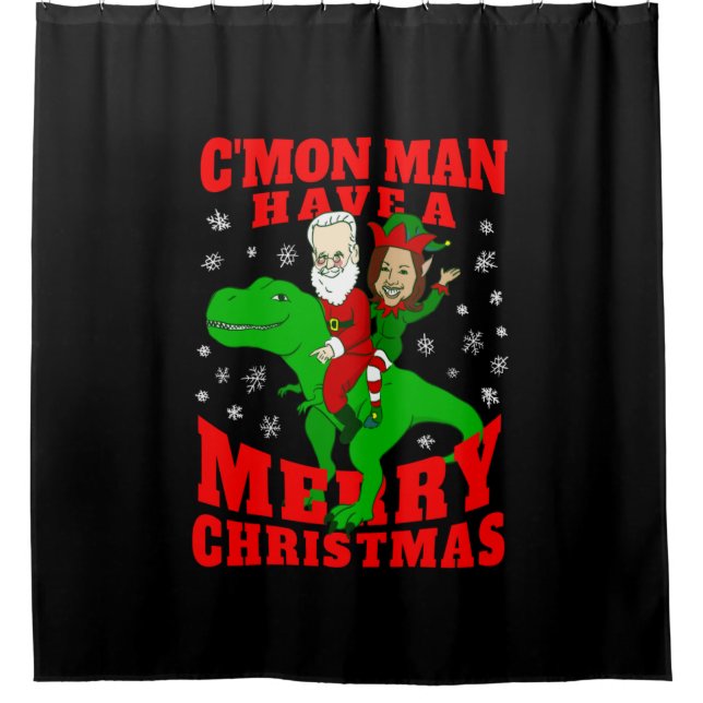 merry christmas santa biden kamala harris dinosaur shower curtain (Front)