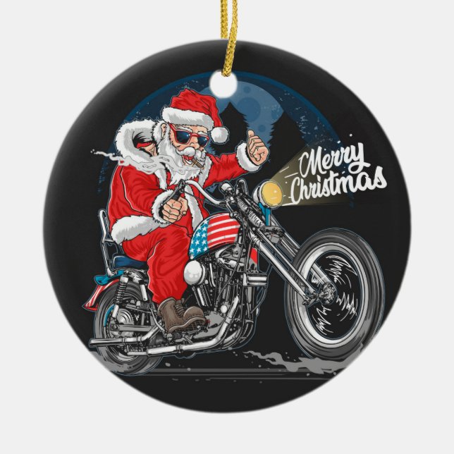 Merry Christmas Santa Biker  Ceramic Tree Decoration (Front)