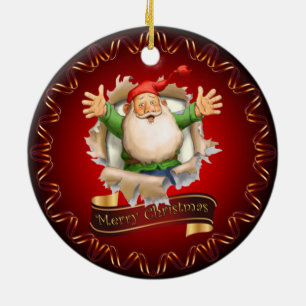 Merry Christmas ~ Santa Breaking Through ~ Cerami Ceramic Tree Decoration