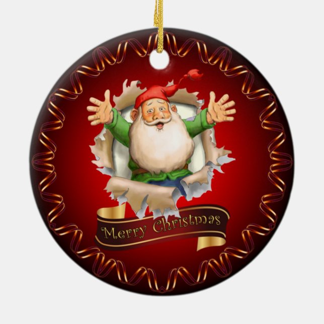 Merry Christmas ~ Santa Breaking Through ~  Cerami Ceramic Tree Decoration (Back)