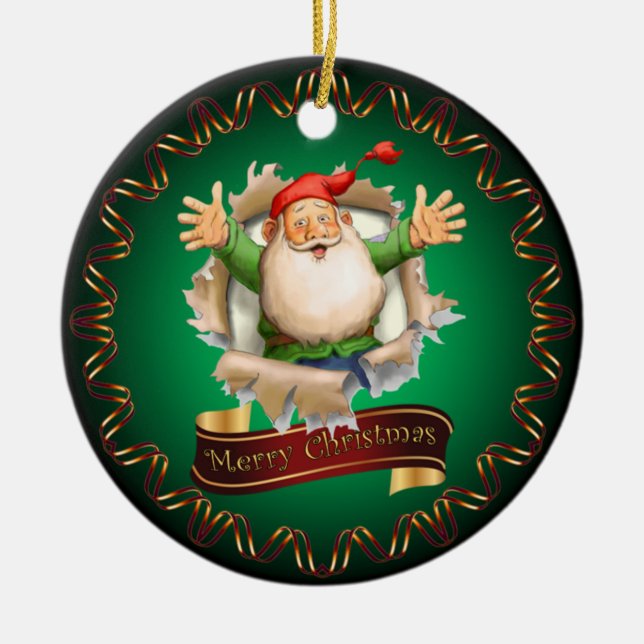 Merry Christmas ~ Santa Breaking Through ~ Ceramic Ceramic Tree Decoration (Front)