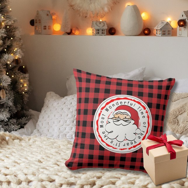 Merry Christmas Santa Cartoon Red Buffalo Plaid Cushion (Creator Uploaded)