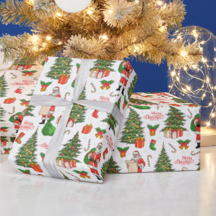Merry Christmas Santa Checking His List Xmas Trees Wrapping Paper