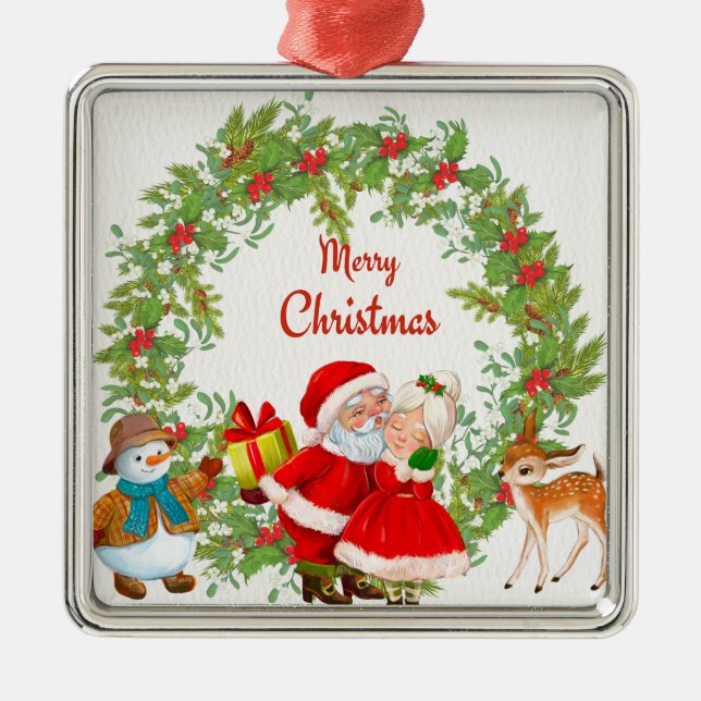 Merry Christmas Santa Claus and Mrs. Claus Metal Tree Decoration (Front)