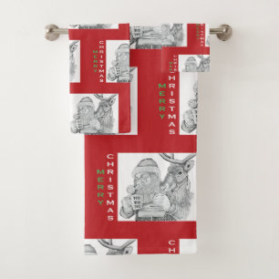 Merry Christmas Santa Claus and Reindeer Bath Towel Set