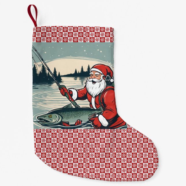 Merry Christmas Santa Claus Fishing Fishmas Fish Small Christmas Stocking (Front)