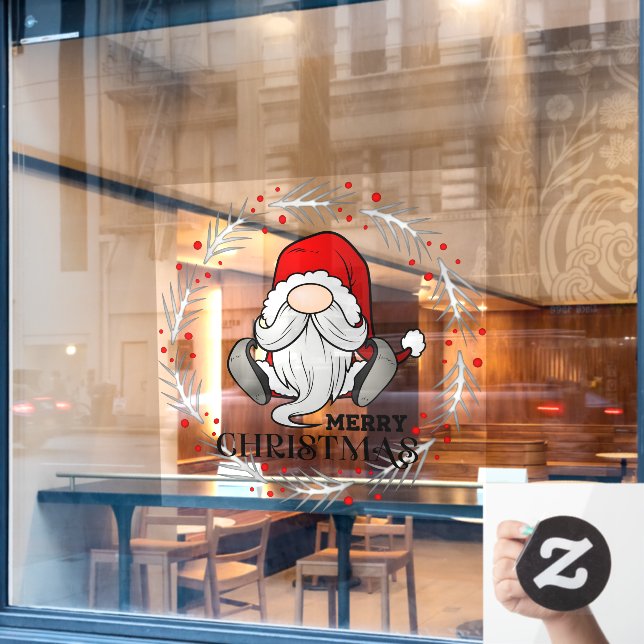 Merry Christmas Santa Claus Gnome Wreath Window Cling (Cafe Window)