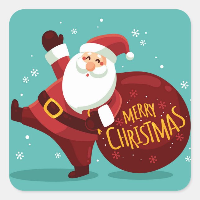 Merry Christmas: Santa Claus Holding Sack of Gifts Square Sticker (Front)