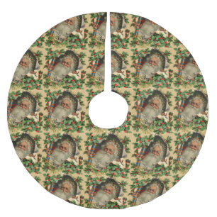 Merry Christmas Santa Claus Holly Brushed Polyester Tree Skirt