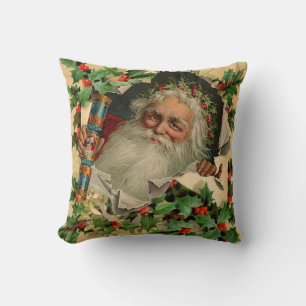 Merry Christmas Santa Claus Holly Cushion
