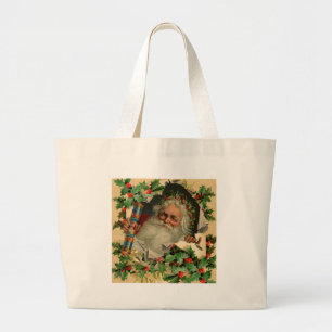 Merry Christmas Santa Claus Holly Large Tote Bag