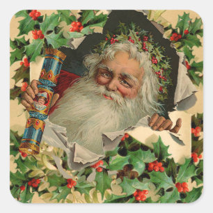 Merry Christmas Santa Claus Holly Square Sticker